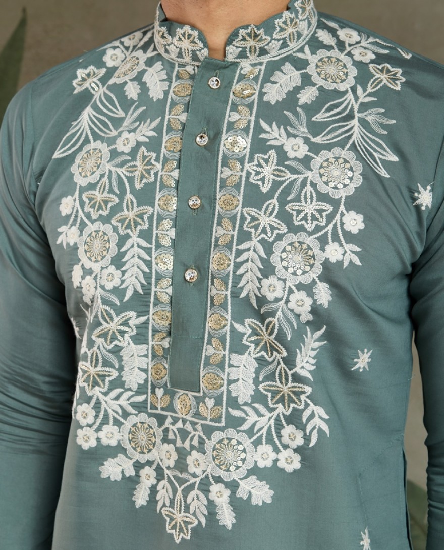 61323-green - Pista Green Thread & Sequence Hand Embroidered Men’s Kurta Set